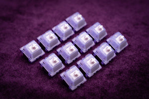 Hera Switches for mechanical keyboards, displayed on purple crushed velvet. Sold by Vala Supply